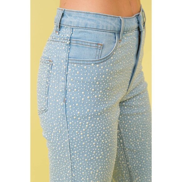 Mid Rise Pearl Stretch Flare Denim Jeans - Picture 2 of 5